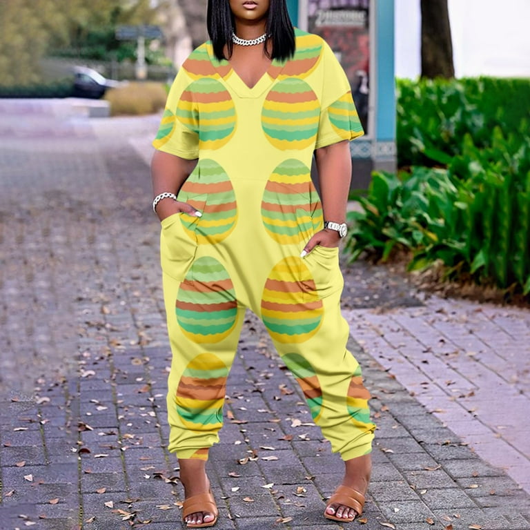 LTTVQM Easter Jumpsuits for Women Dressy V Neck Zipper Jumpsuits Easter Bunny Print Overalls Short Sleeve Rompers Jumpsuit Wide Long Loose Overall Rompers with Pockets Maternity Overalls Yellow Large ...