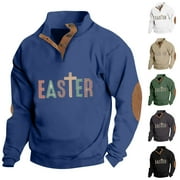 LTTVQM Easter Men's Sweatshirts Shirt Lapel Collar Button Up Pullover Easter Egg Letter Print Mock Neck Long Sleeve Sweaters Happy Family Party Polo Sweatshirts Army Green L