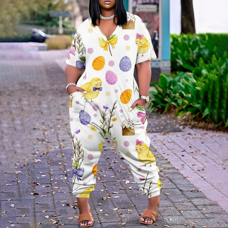 LTTVQM Easter Red Jumpsuit for Women V Neck Zipper Jumpsuits Easter Bunny Print Overalls Short Sleeve Rompers Jumpsuit Wide Long Loose Overall Rompers with Pockets Womens Overalls Multicolor Midium Wa...