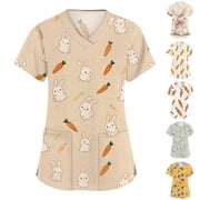 LTTVQM Easter Scrub Tops Women 2026 Bunny Eggs Graphic Cute Short Sleeve Clothes Soft V Neck Vacation Scrub Tops with Pockets Khaki S