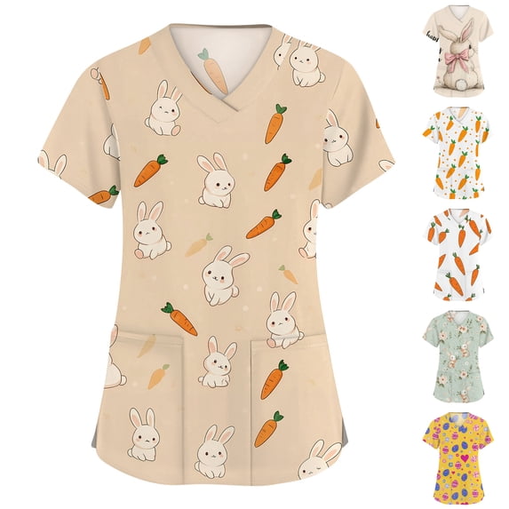 LTTVQM Easter Scrub Tops Women 2026 Bunny Eggs Graphic Cute Short Sleeve Clothes Soft V Neck Vacation Scrub Tops with Pockets Khaki S