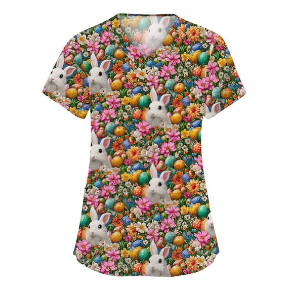 LTTVQM Easter Scrub Tops Women 2026 Bunny Eggs Graphic Happy Short Sleeve Tops Comfortable V-Neck Trendy Scrub Tops with Pockets Pink S