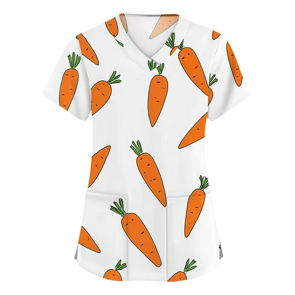 LTTVQM Easter Scrub Tops Women 2026 Rabbit Eggs Graphic Funny Short Sleeve Scrub Tops Loose Fit V Neck Lightweight Tops with Pockets Orange 4XL