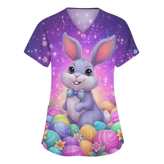 LTTVQM Easter Scrub Tops Women Bunny Eggs Graphic Cute Short Sleeve Clothes Casual V Neck Fashion Shirts with Pockets Purple 2XL