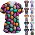 thumbnail image 1 of LTTVQM Easter Scrub Tops Women Rabbits Eggs Print Happy Short Sleeve Clothes Soft V Neck Trendy Scrub Tops with Pockets Purple L, 1 of 6