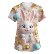LTTVQM Easter Scrub Tops Women Rabbits Eggs Print Happy Short Sleeve Tops Loose Fit V-Neck Lightweight Shirts with Pockets Gold 2XL