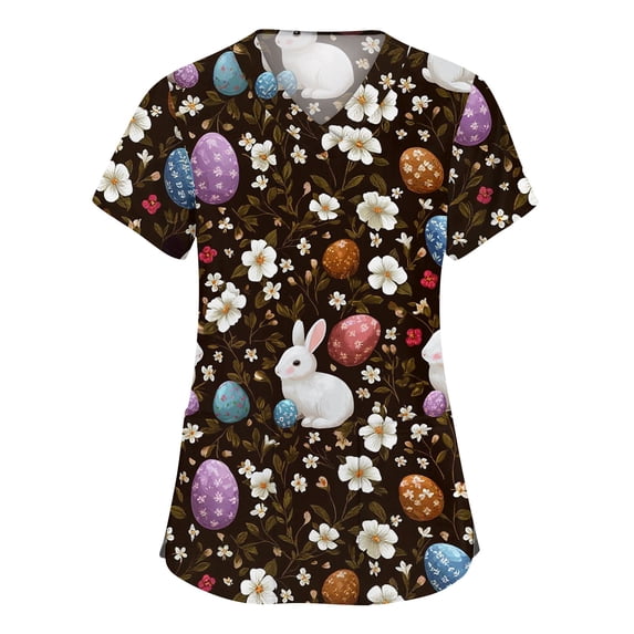 LTTVQM Easter Scrub Tops for Women Bunny Eggs Print Cute Short Sleeve Clothes Comfortable V Neck Vacation Tops with Pockets Coffee L