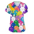 thumbnail image 1 of LTTVQM Easter Scrub Tops for Women Rabbits Eggs Print Funny Short Sleeve Tops Soft V Neck Trendy Shirts with Pockets Purple 3XL, 1 of 5