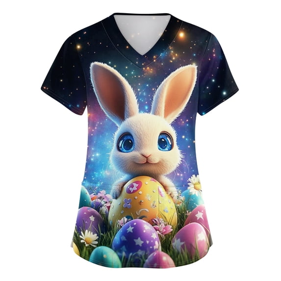 LTTVQM Easter Scrub Tops for Women Rabbits Eggs Print Happy Short Sleeve Scrub Tops Casual V-Neck Trendy Tops with Pockets White 4XL