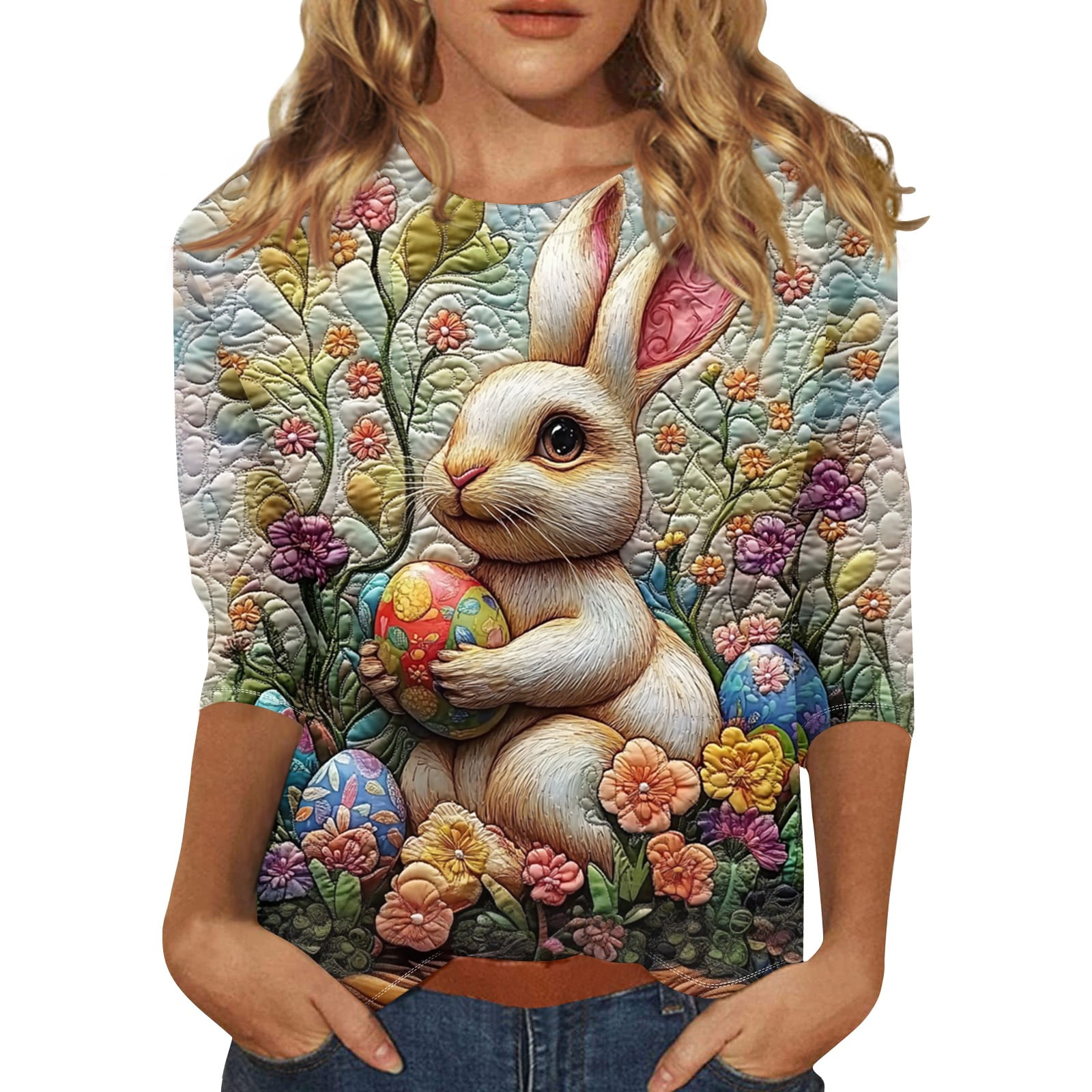 LTTVQM Easter Shirt for Women Funny Rabbits Egg Top Loose Fit 3/4 ...