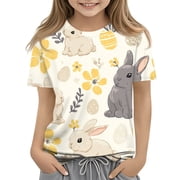 LTTVQM Easter Shirts for Girls 2026 Short Sleeve Happy Bunny Eggs Print Tee Soft Crew Neck Blouse Fashion Clothing Fluorescence Yellow 5-6 Years