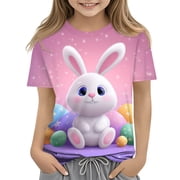 LTTVQM Easter Shirts for Girls 2026 Short Sleeve Happy Bunny Eggs Print Tshirts Loose Fit Crewneck Blouses Fashion Clothes Pink 3-4 Years