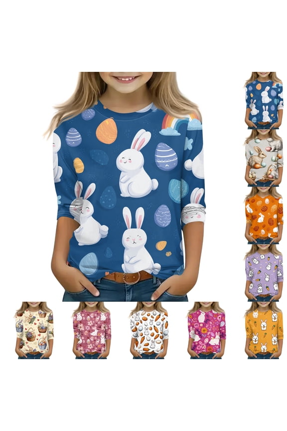 Easter Tops for Girls 2026 3/4 Sleeve Happy Rabbit Eggs Graphic T Shirts Loose Fit Crewneck Blouse Fashion Outfits Blue 5-6 Years