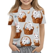 LTTVQM Easter Tops for Girls Short Sleeve Happy Rabbit Eggs Graphic T Shirts Loose Fit Round Neck Blouses Trendy Clothing Light Gray 9-10 Years