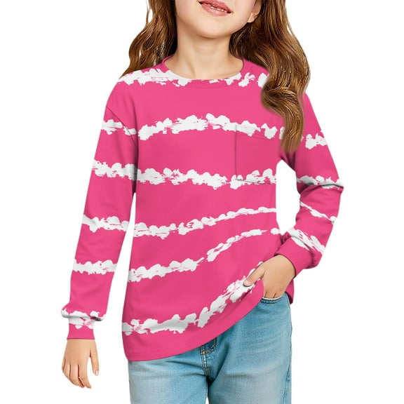 LTTVQM Fall Shirts for Girls Size 12-13 Long Sleeve Casual Striped Graphic T Shirts with Pocket Comfy Crewneck Blouses Trendy Clothes Hot Pink 12-13 Years