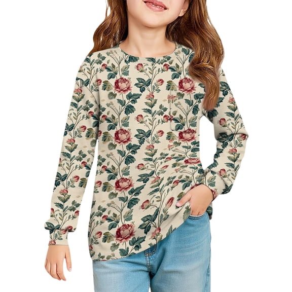 LTTVQM Fall Shirts for Toddler Girls 12-13 Long Sleeve Casual Floral Graphic T-Shirts with Pocket Soft Crew Neck Blouses Trendy Clothes Khaki 12-13 Years