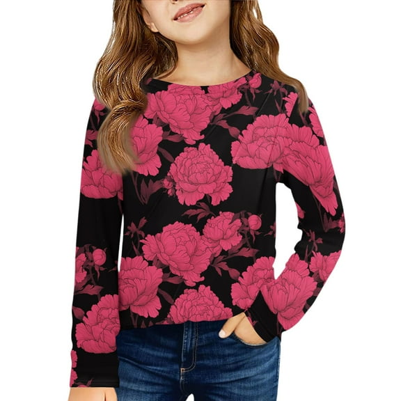 LTTVQM Fall Shirts for Toddler Girls Size 4-5 Long Sleeve Casual Floral Graphic Tunic Tops Cute Crew Neck Pullover Comfy T-Shirts Hot Pink 4-5 Years