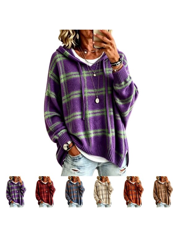 Fall Sweaters for Women Plaid V Neck Hooded Sweater Drawstring Loose Fit Long Sleeve Knit Pullover Casual Oversized Hoodie Tops