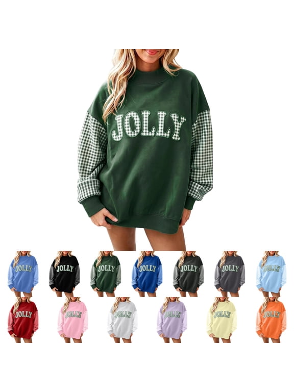 Festive Gingham Contrast Sweatshirt Womens Jolly Letter Loose Fit Long Sleeve Pullover Tops Mock Neck Fall Shirts Fashion Soft Blouses