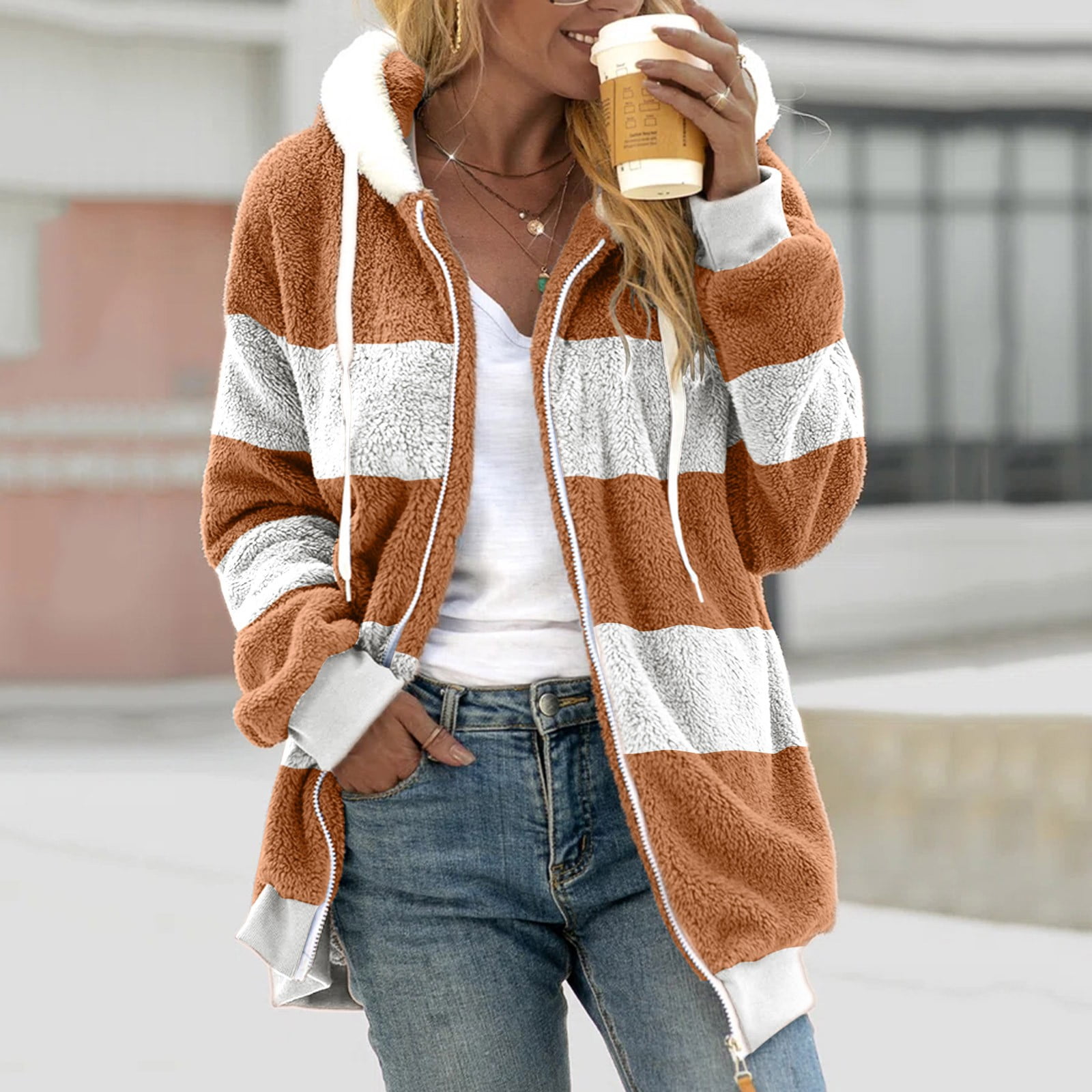 LTTVQM Fleece Cardigans for Women Winter Fuzzy Fleece Jacket Color Block Zip Up Cardigan Coats Oversized Fluffy Sherpa Outerwear with Pockets Brown XXL Walmart