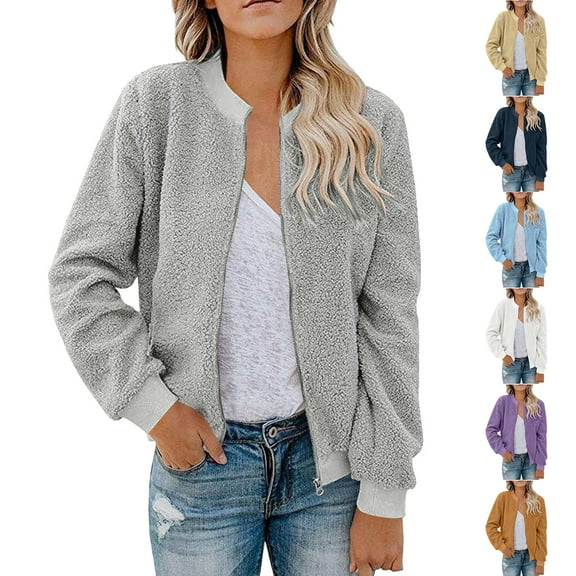 LTTVQM Fleece Jacket Women Plain Fuzzy Faux Sherpa Zip Up Bomber Jacket Thermal Cozy Loose Baseball Lightweight Jackets Gray XL