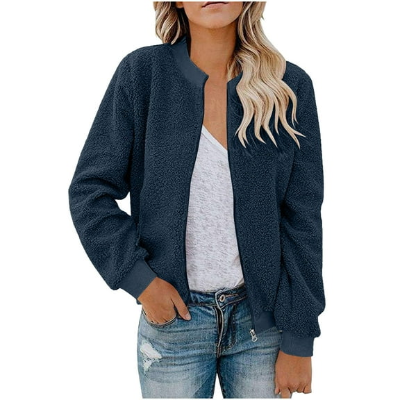 LTTVQM Fleece Jacket Women Plain Fuzzy Faux Sherpa Zip Up Bomber Jacket Thermal Cozy Loose Baseball Lightweight Jackets Navy XL