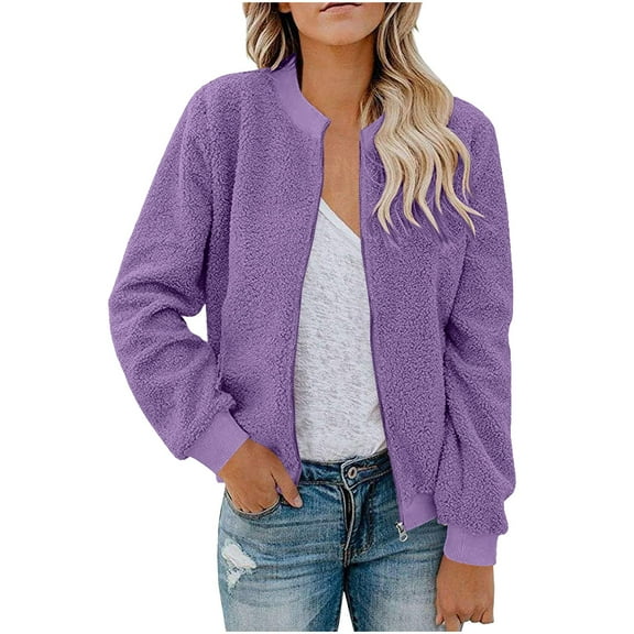 LTTVQM Fleece Jacket Women Plain Fuzzy Faux Sherpa Zip Up Bomber Jacket Thermal Cozy Loose Baseball Lightweight Jackets Purple XL