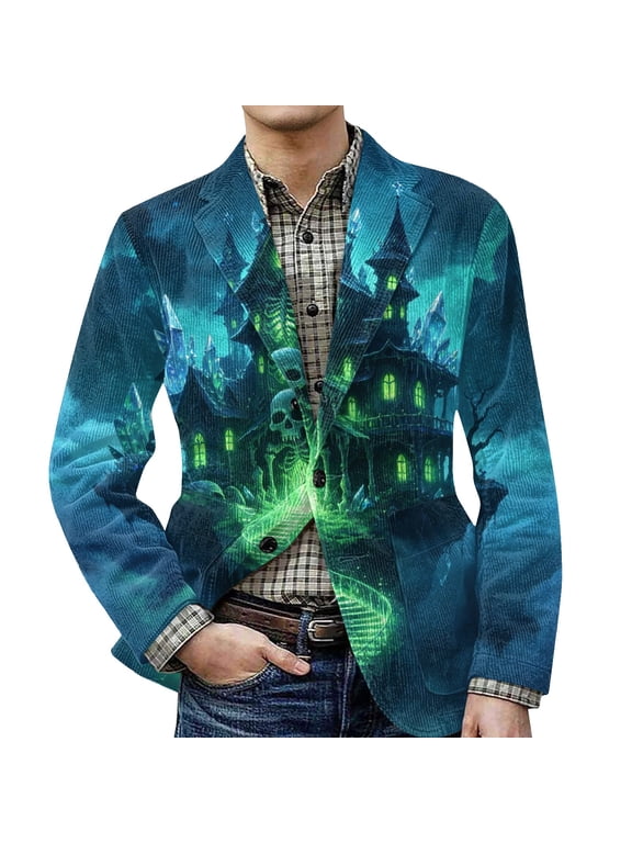 Funny Halloween 2026 Printed Corduroy Blazer For Men Single Tone Contrast Gothic Holiday Lapel Casual Vacation Coat Cyan M