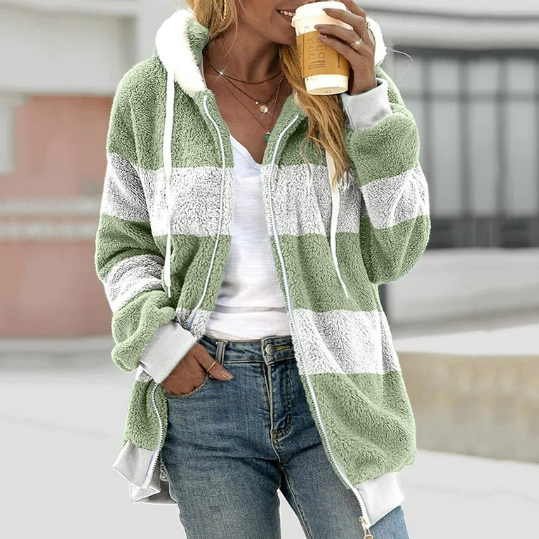 LTTVQM Fuzzy Sweater for Women Fuzzy Fleece Jackets Full Zip Up Hooded Drawstring Cardigan Color Block Sherpa Outerwear Coats Mint Green XL Walmart