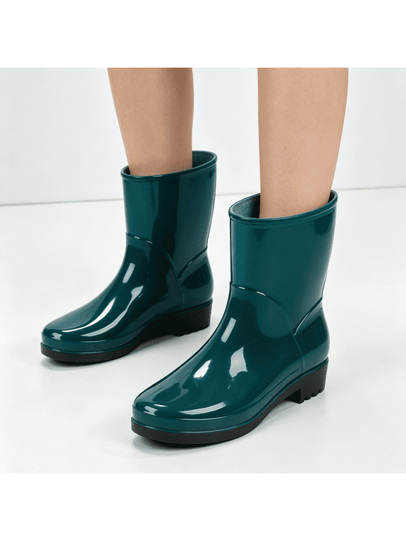 Garden Boots for Women Waterproof Half Calf Rubber Anti-Skid Ankle Rain Boots Casual Basic Outdoor Work Footwear Green 36(US-5.5)
