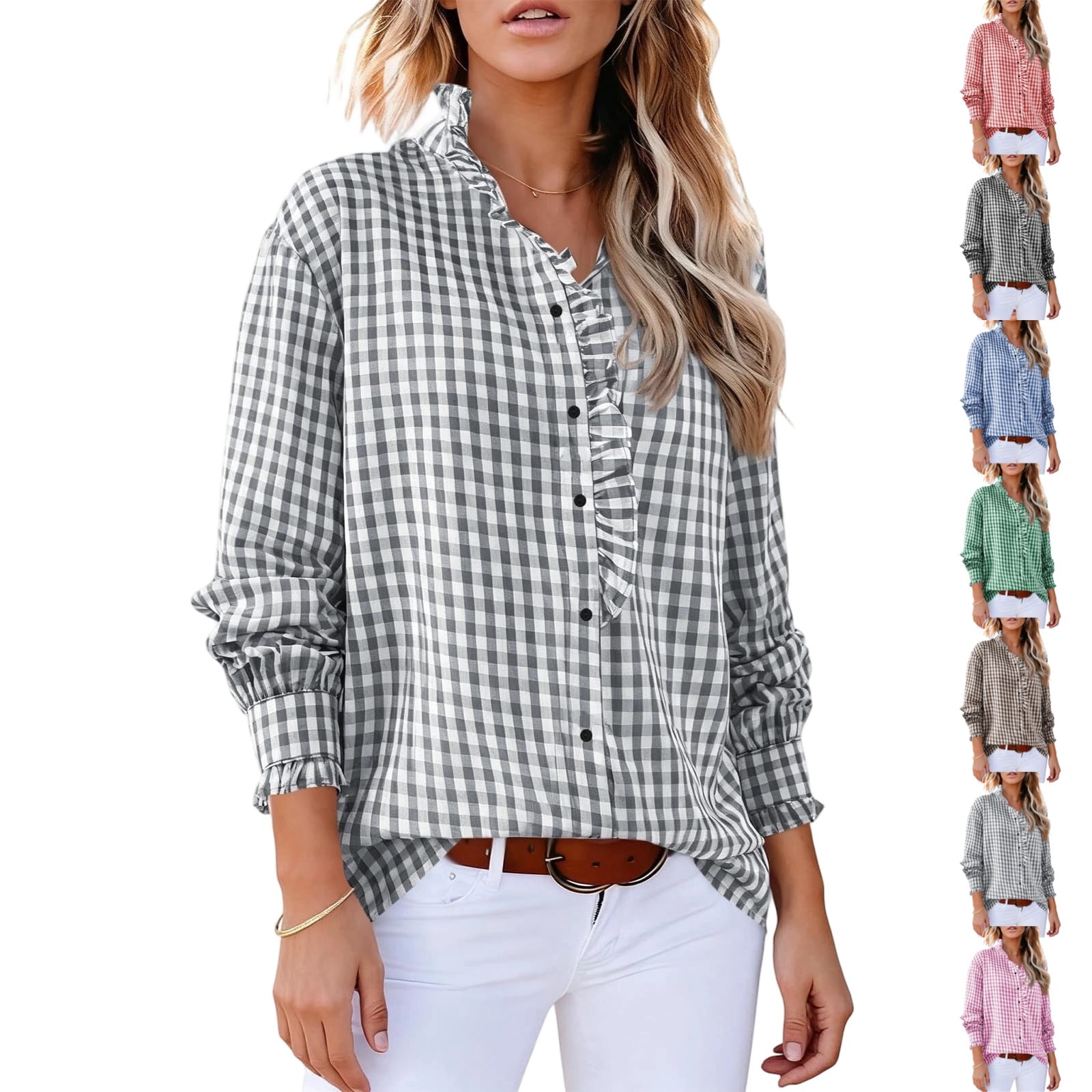 Pattern For Sleeves LTTVQM Gingham Ruffled Button Down Shirt for Women Boho Gingham Check ...
