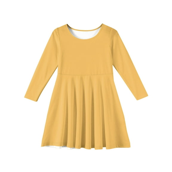 LTTVQM Girl's Casual Dresses 5-6 Summer Solid Color Long Sleeve Midi Dress Vacation Round Neck Sundresses Soft Church Dress Yellow