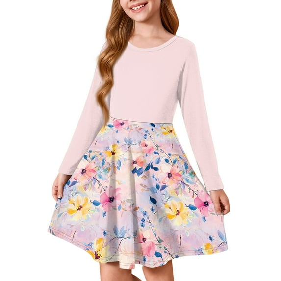 LTTVQM Girl's Casual Dresses 9-10 Summer Floral Long Sleeve Midi Dress Flowy Crew Neck Sundresses Comfy Church Dress Light pink