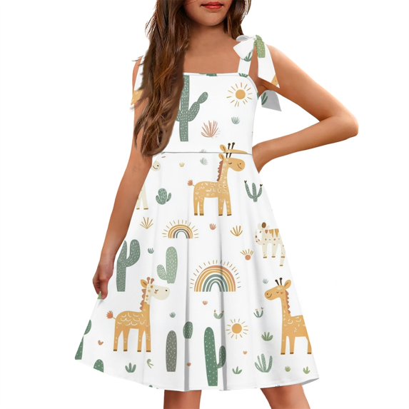 LTTVQM Girl's Graphic Dresses 7-8 Summer Casual Sleeveless Spaghetti Strap Dress Flowy Square Neck Sundress Comfy A-Line Dress with pockets Khaki 7-8