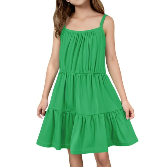 LTTVQM Girl's Summer Dresses Size 7-8 Casual Solid Color Sleeveless Ruffle Hem Midi Dress Flowy Sundresses Comfy A-Line Dress Green 7-8 Years