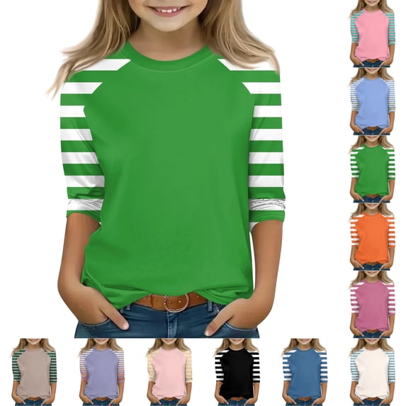 LTTVQM Girls 3/4 Sleeve Shirts Workout Winter Loose Fit Graphic Tops Vacation Crew Neck Blouses Tween Girls Fashion Clothes 2-13 Years