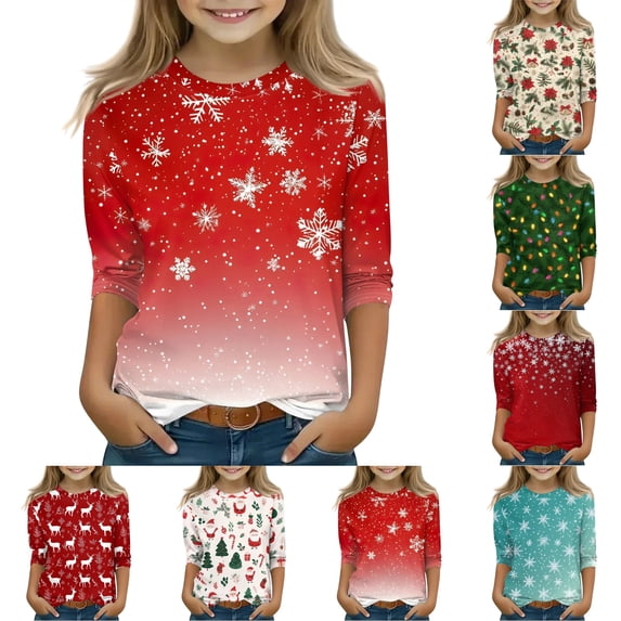 LTTVQM Girls 3/4 Sleeve Tops for Girls Christmas 2026 Fall Winter Fashion Boat Crew Neck Trendy Work Dressy Casual T Shirt Blouses 4-11 Years