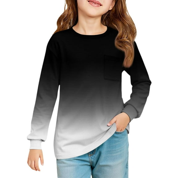 LTTVQM Girls Black Shirts Size 1-2 Winter Cute Gradient Print T-Shirts Loose Fit Long Sleeve Blouses Fashion Crew Neck Clothes with Pocket Black 1-2 Years
