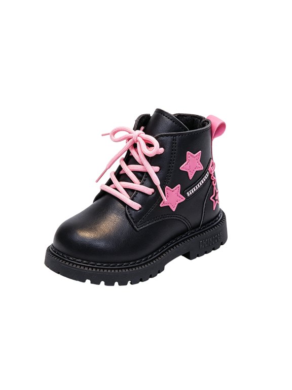 Girls Boots Outdoor Chunky Heel Cute Heart Combat Boots with Plush Lining Lace Up Side Zipper Round Toe Comfortable Warm Shoes Black 10 Toddler