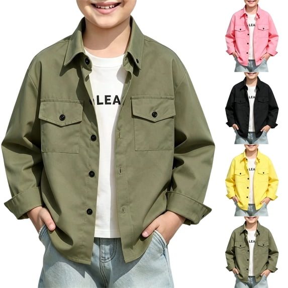 LTTVQM Girls Boys Button Down Shirt Casual Long Sleeve Collared Comfortable School Uniform Shirts with 2 Pockets Fashion Basic Classic Relaxed Fit Blouse Dark Green 9-10 Year