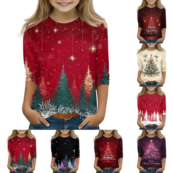 LTTVQM Girls Christmas 3/4 Sleeve Crewneck Shirt | Xmas Holiday Funny Graphic Comfortable Tee Fall Winter Family Party Matching Tops 4-11 Years