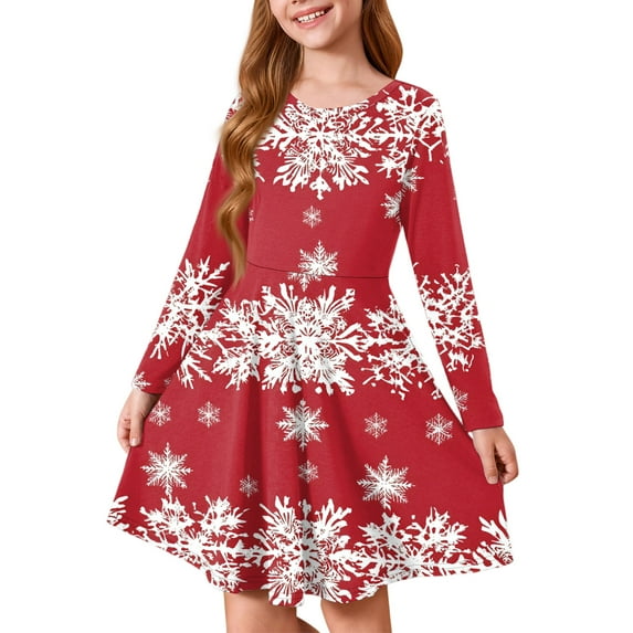 LTTVQM Girls Christmas Dresses for Girls 5-6 Long Sleeve Christmas Print Cute Crewneck Xmas Dress Flowy Winter Dresses Trendy Blouses Red 5-6 Years