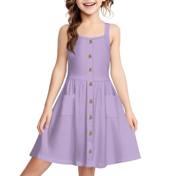LTTVQM Girls Dress 9-10 Summer Solid Color Sundresses Vacation Sleeveless Tank Dress Trendy Button Down Square Neck Midi Dresses with Pocket Light Purple 9-10