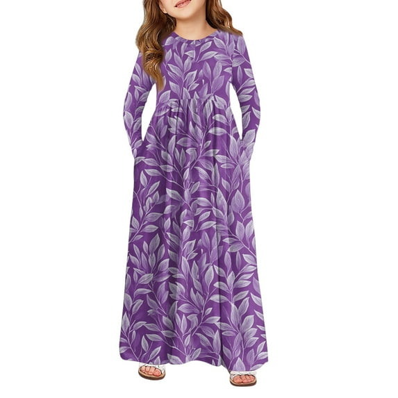 LTTVQM Girls Dresses 10-11 Fall Floral Sundress Formal Long Sleeve A-Line Dresses Fashion Round Neck Maxi Dresses with Pockets Light Purple 10-11