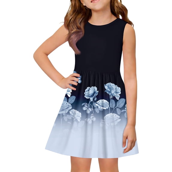LTTVQM Girls Dresses Size 3-4 Casual Floral Sundresses Comfy Sleeveless Midi Dresses Trendy Crew Neck Spring Dress Light Blue 3-4 Years