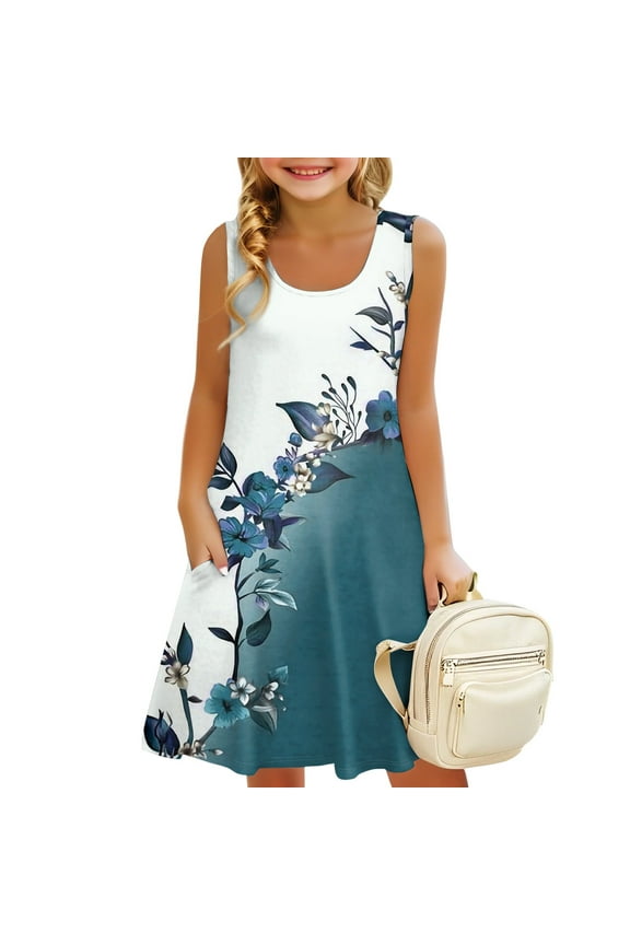 Girls Dresses Size 7-8 Casual Floral Sundress Vacation Sleeveless Tank Dresses Basic Round Neck Cover Up Dress with Pocket Green 7-8