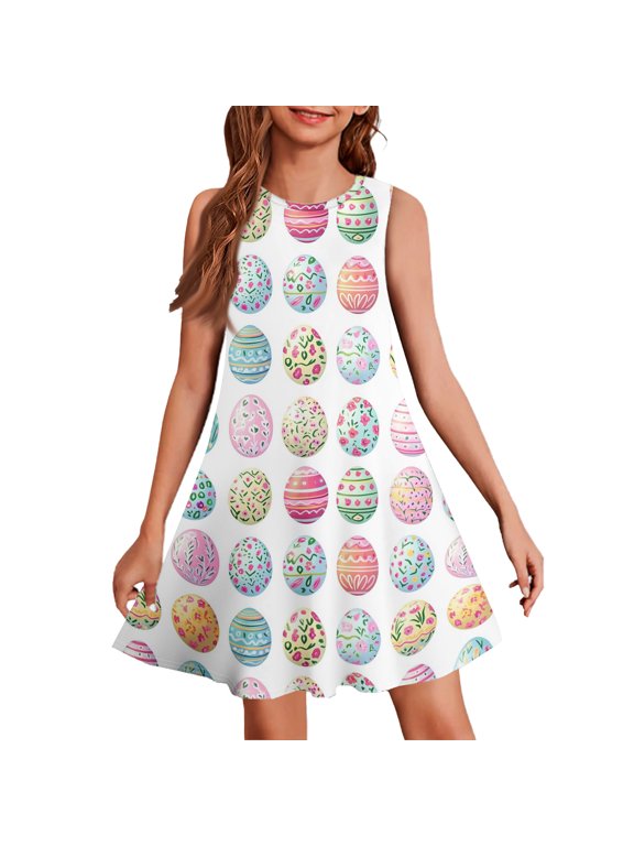 Girls Easter Dress 2026 Egg Bunny Print Cute Sleeveless Sundress Soft Round Neck Midi Dresses Lightweight Church Dresses Light pink 3-4 Years