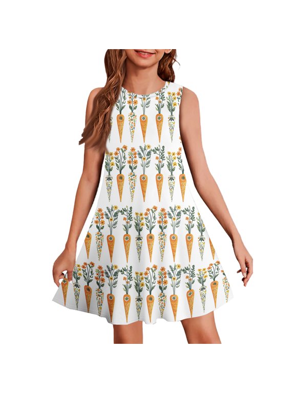 Girls Easter Dress 2026 Egg Rabbit Graphic Funny Sleeveless Sundress Comfortable Round Neck Midi Dresses Vacation Church Dresses Orange 9-10 Years