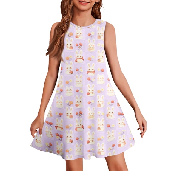 LTTVQM Girls Easter Dress 2026 Rabbit Egg Print Cute Sleeveless Sundresses Soft Crew Neck Midi Dress Lightweight Church Dresses Light Purple 5-6 Years