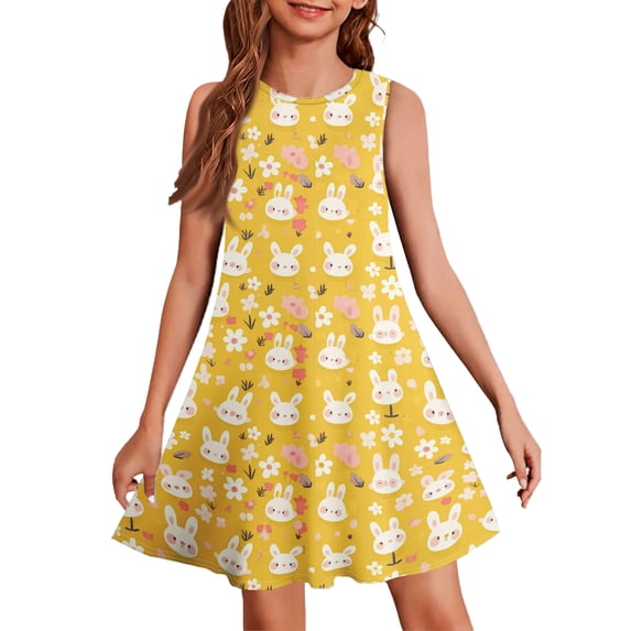 LTTVQM Girls Easter Dress 2026 Rabbit Egg Print Funny Sleeveless Sundress Soft Round Neck Midi Dresses Trendy Church Dresses Yellow 5-6 Years